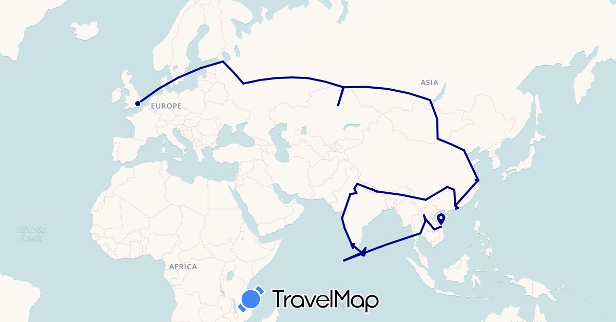 TravelMap itinerary: driving in China, United Kingdom, India, Kazakhstan, Laos, Sri Lanka, Mongolia, Maldives, Nepal, Russia, Thailand, Vietnam (Asia, Europe)